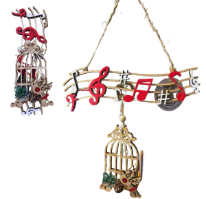 NT - ENFEITE DE MADEIRA NOTAS MUSICAIS C/GAIOLA - NTA01076